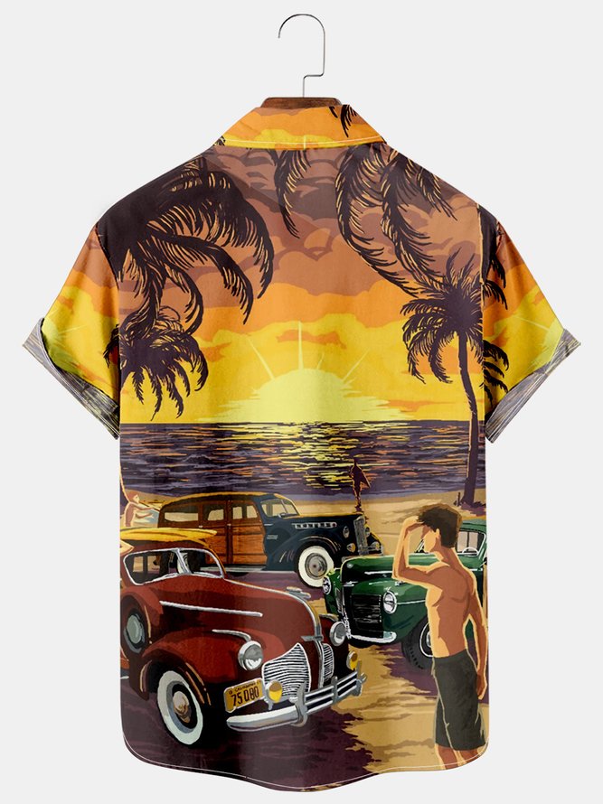 Mens Retro Cars Hawaii Print Casual Breathable Short Sleeve Hawaiian