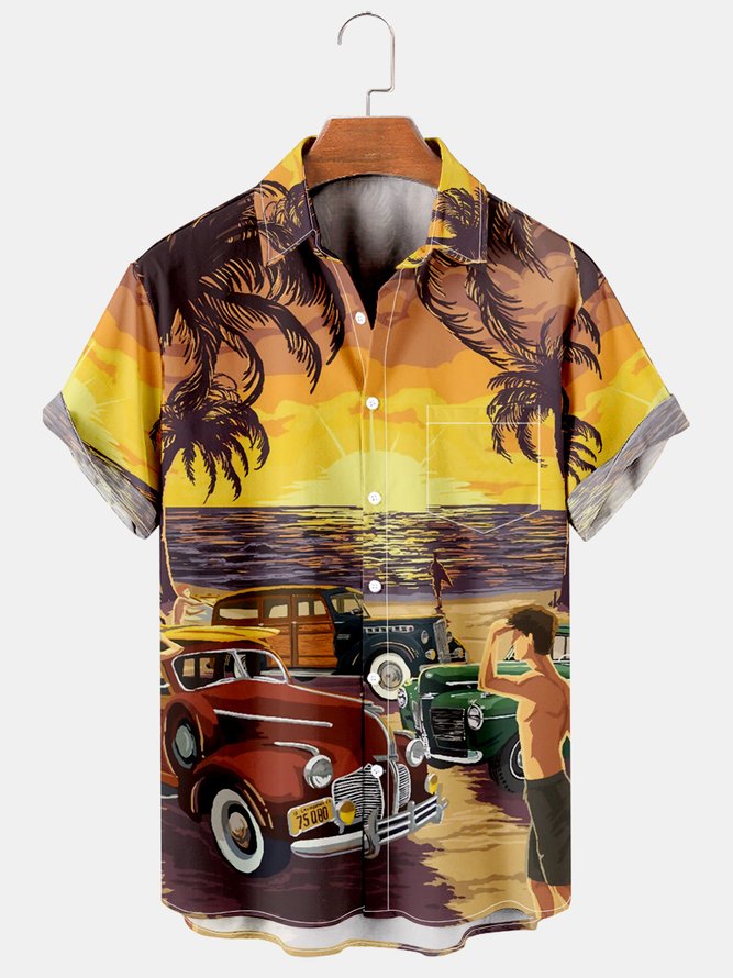 Mens Retro Cars Hawaii Print Casual Breathable Short Sleeve Hawaiian Shirts