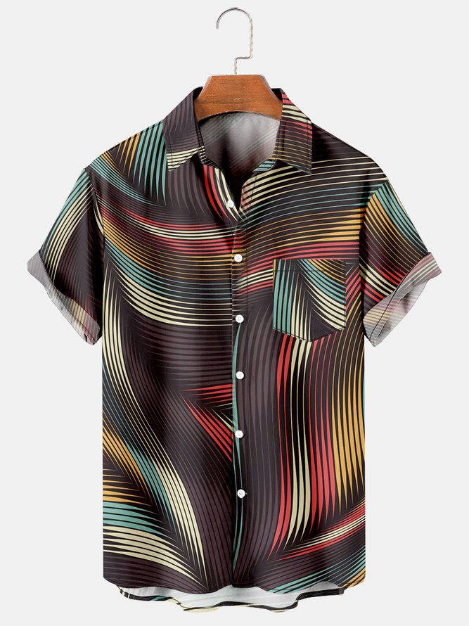 Mens 3D Abstract Print Casual Breathable Chest Pocket Short Sleeve ...