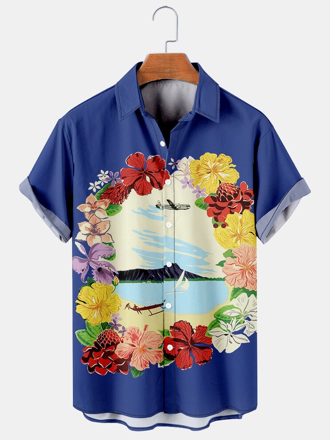 Mens Retro Hawaiian Poster Print Casual Breathable Short Sleeve Hawaiian Shirt