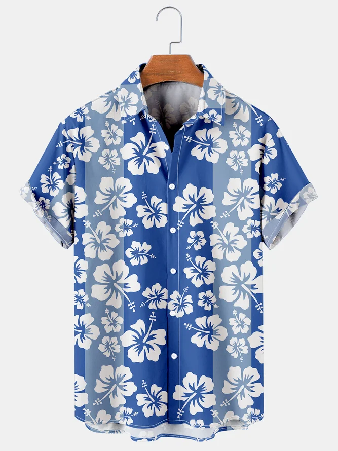 Mens Hibiscus Print Lapel Loose Short Sleeve Funky Hawaiian Shirts ...