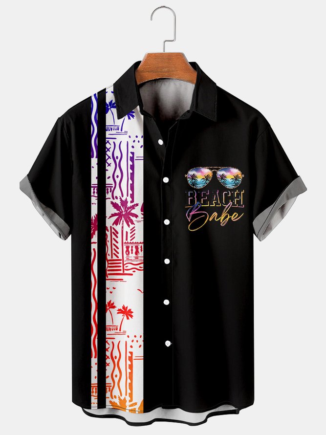Resort Style Hawaiian Series Geometric Stripes And Coconut Tree Elements Lapel Short-Sleeved Shirt Print Top