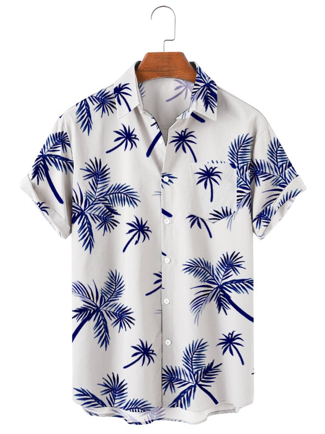 Mens Tropical Leaves Print Loose Chest Pocket Short Sleeve Hawaiian Shirts