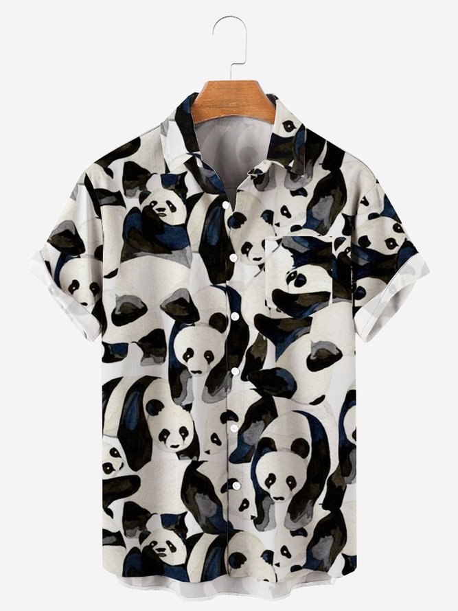 Mens Black-white Panda Print Loose Short Sleeve Hawaiian Shirt