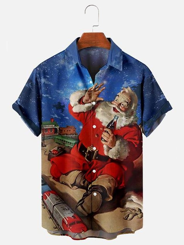 Mens Christmas Santa Printed Casual Breathable Short Sleeve Shirt