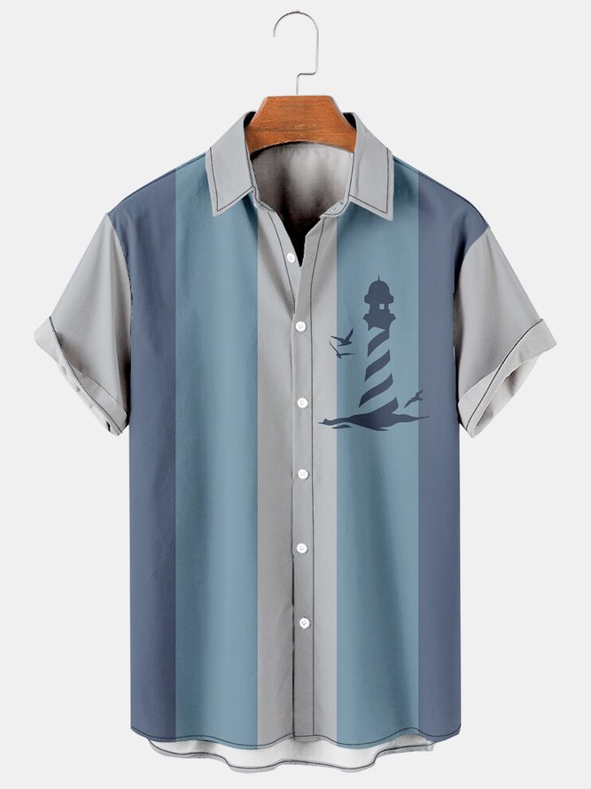 Mens Seagull Lighthouse Print Casual Breathable Hawaiian Short Sleeve Shirt
