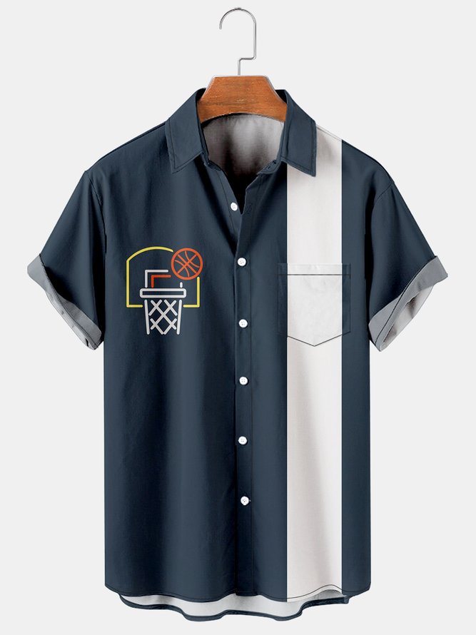 Mens Basketball Print Lapel Fit Chest Pocket Short Sleeve Funky Hawaiian Shirts