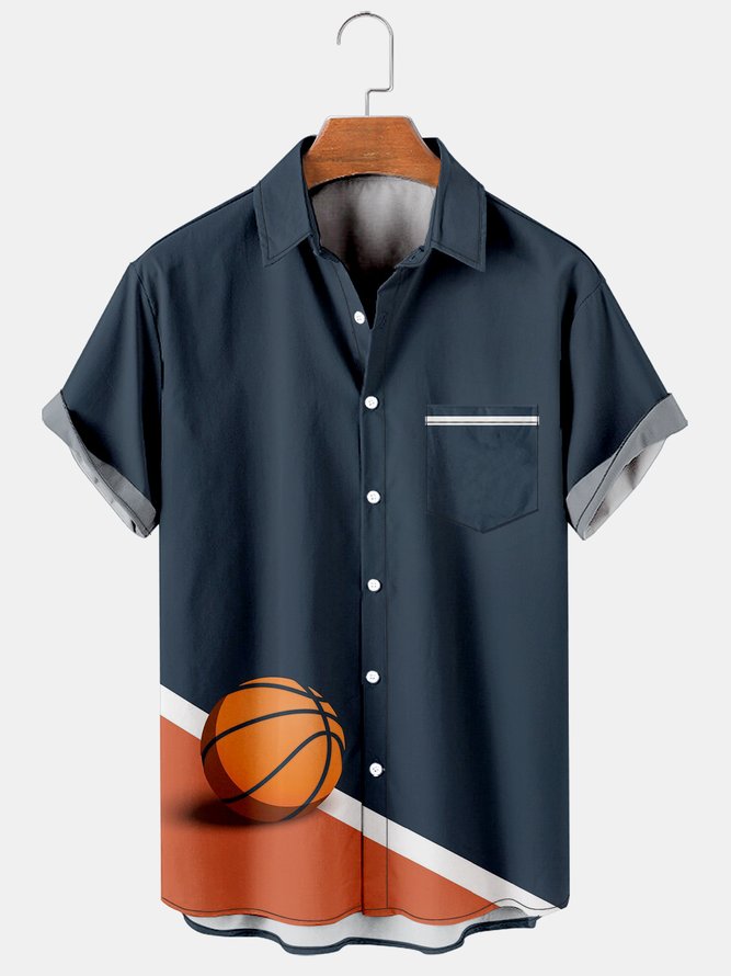 Mens Basketball Print Lapel Loose Chest Pocket Short Sleeve Funky Hawaiian Shirt