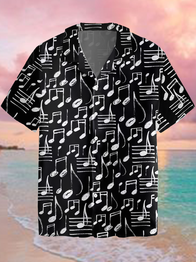Casual Music Series Note Element Pattern Lapel Short Sleeve Print Shirt Top
