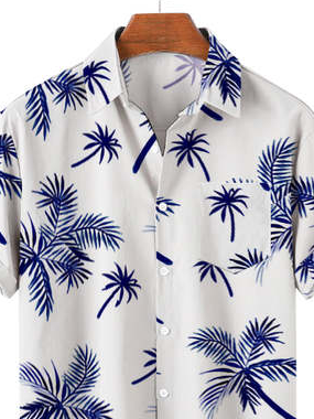 Mens Tropical Leaves Print Loose Chest Pocket Short Sleeve Hawaiian Shirts