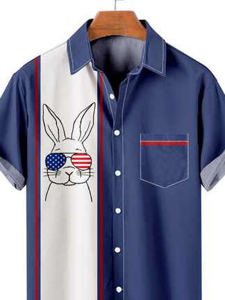 Mens Easter Bunny Rabbit American Flag Print Chest Pocket Loose Short Sleeve Hawaiian Shirts