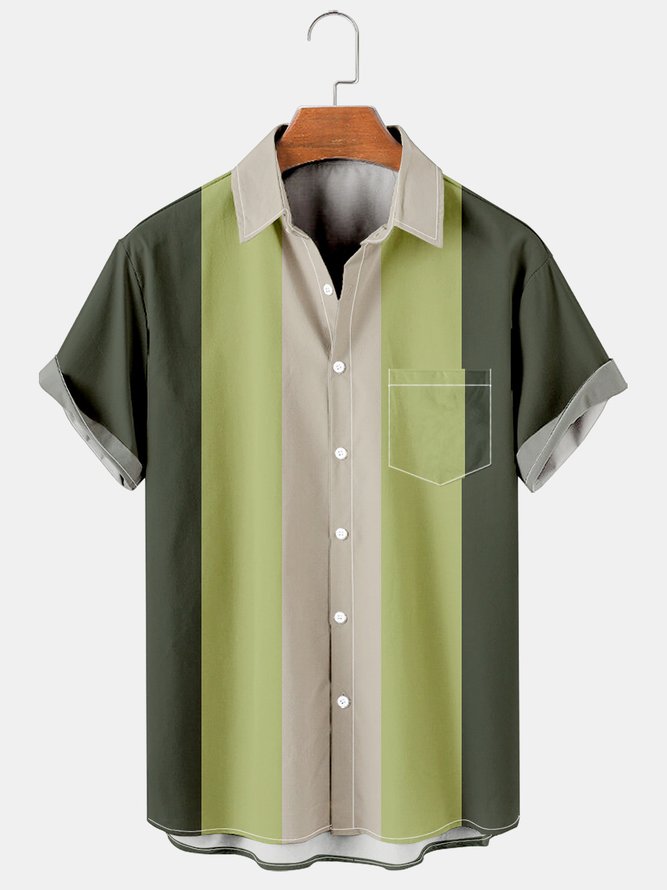 Mens Retro Striped Print Lapel Loose Chest Pocket Short Sleeve Funky Bowling Shirts
