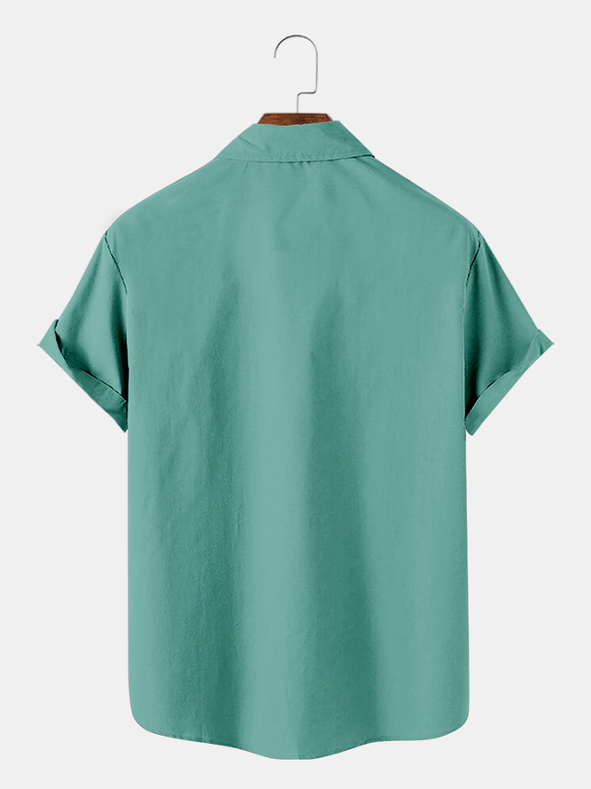 Resort Style Hawaiian Striped Geometric And Coconut Tree Elements Lapel Short Sleeve Shirt Print Top