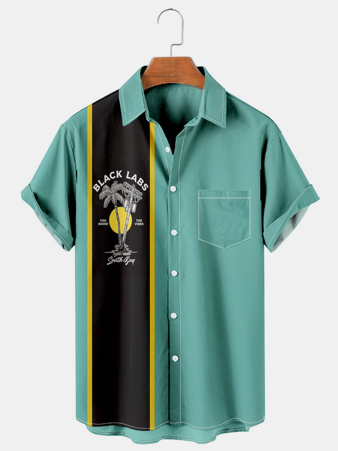 Resort Style Hawaiian Striped Geometric And Coconut Tree Elements Lapel Short Sleeve Shirt Print Top