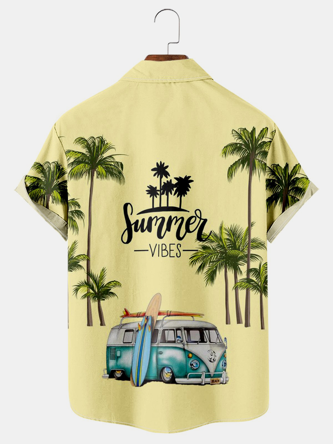 Resort Style Hawaiian Series Car And Coconut Tree Elements Lapel Short-Sleeved Shirt Print Top