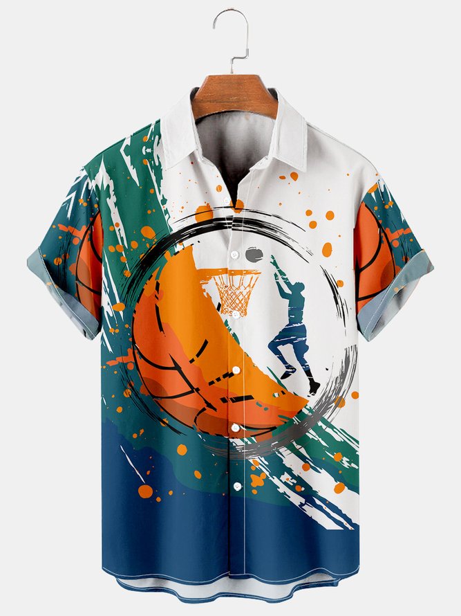 Men's basketball print loose short sleeve Hawaiian shirt