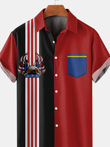 Independence Day Graphic Men's Casual Chest Pocket Short Sleeve Bowling Shirt