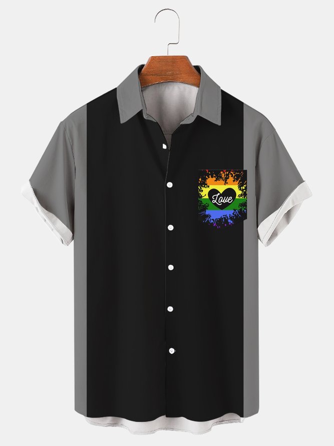Mens LGBT Colorful Print Lapel Loose Short Sleeve Trendy Hawaiian Shirt