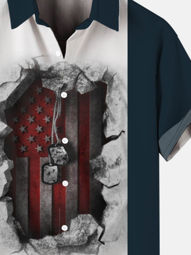 Flag Pattern Men's Casual Chest Pocket Short Sleeve Bowling Shirt