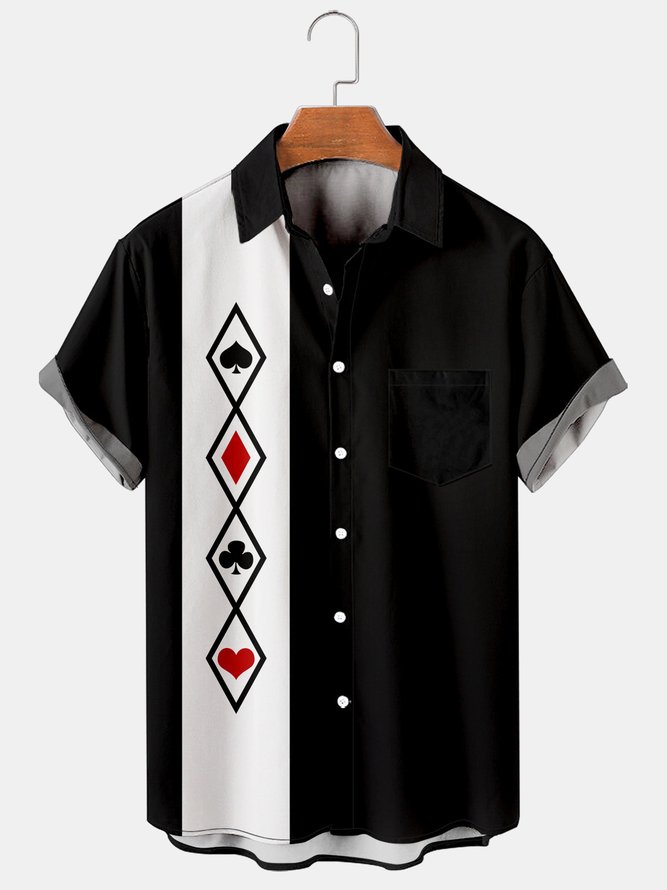 Mens Poker Symbols Print Lapel Loose Chest Pocket Short Sleeve Funky