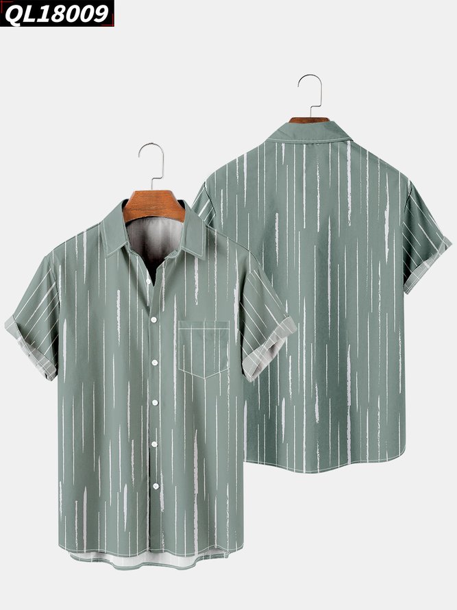 Men's Line Print Casual Breathable Hawaiian Short Sleeve Shirt