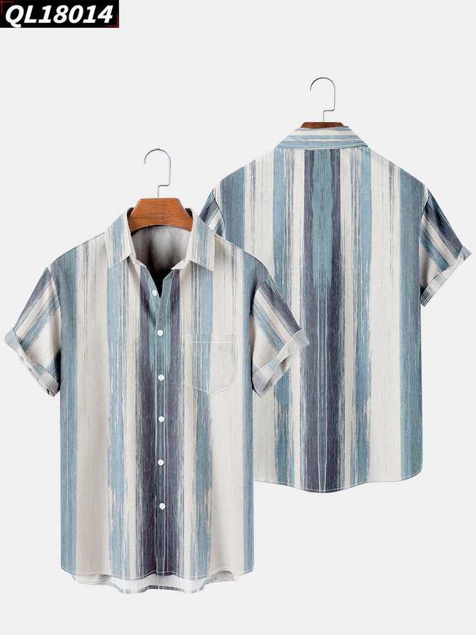 Men's Geometric Stripe Print Hawaiian Short Sleeve Shirt