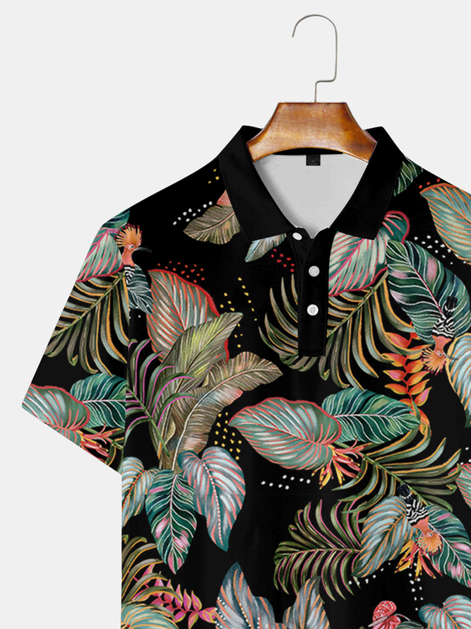 Holiday Style Hawaiian Series Plant Leaves And Floral Elements Lapel Short-Sleeved Polo Print Top