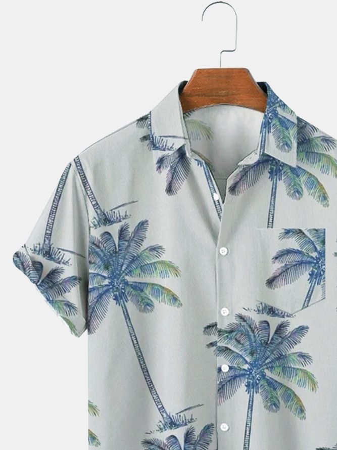 Cotton Linen Style Botanical Coconut Tree Print Casual Versatile Linen Shirt