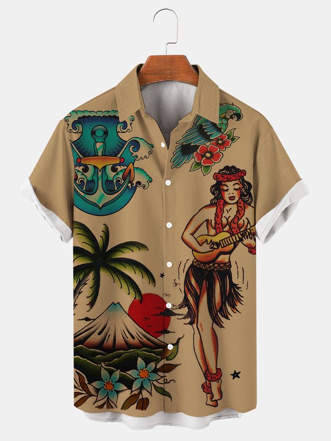 Men's Retro Hula Beauty Print Casual Breathable Hawaiian Short Sleeve Shirt