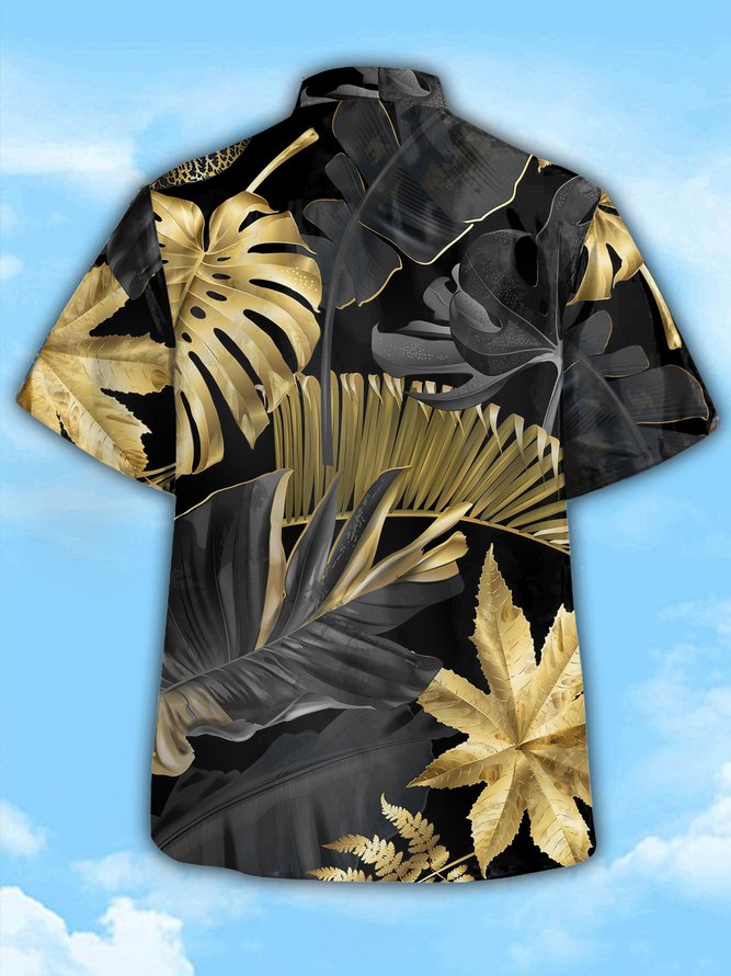 Mens Tropical Leaves Print Casual Breathable Short Sleeve Shirt