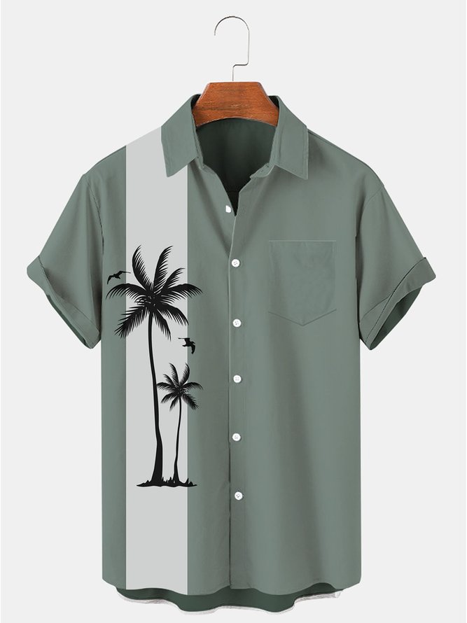 Mens Beach Print Casual Breathable Short Sleeve Shirt Coconut Tree  Bowling Shirts Vintage Shirt