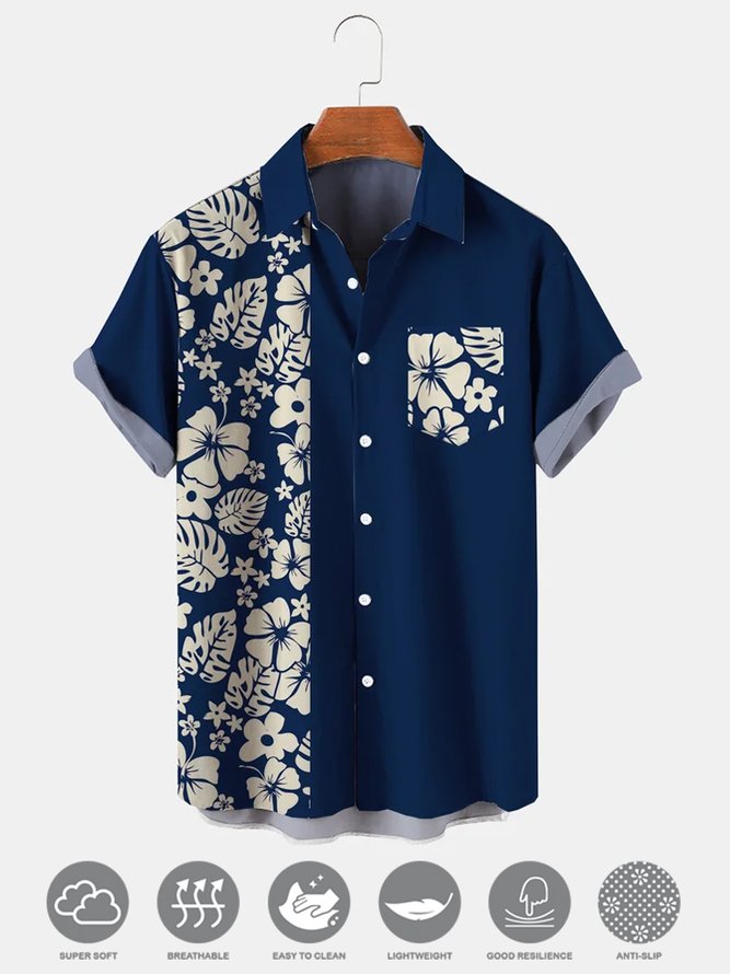 Mens Floral Print Hydrocool Fabric Quick Dry Casual Breathable Chest Pocket Short Sleeve Bowling Shirt