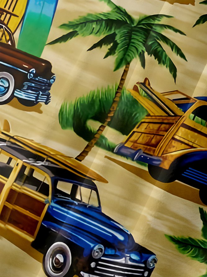 Mens Retro Cars Coconut Tree Print Lapel Chest Pockets Loose Short Sleeve Funky Hawaiian Shirts
