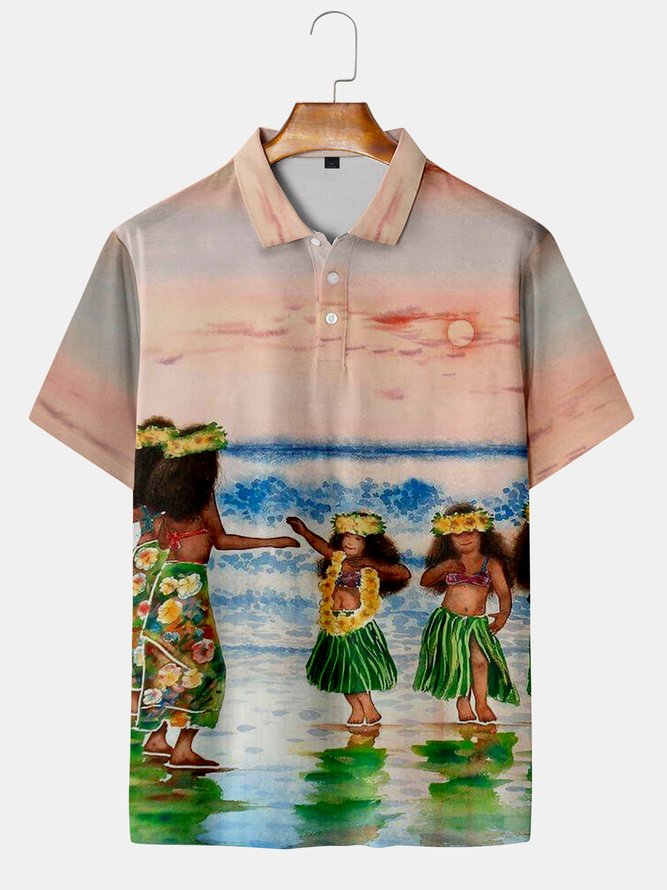 Holiday Style Hawaiian Series Hula Beauty Element Lapel Short-Sleeved Polo Print Top