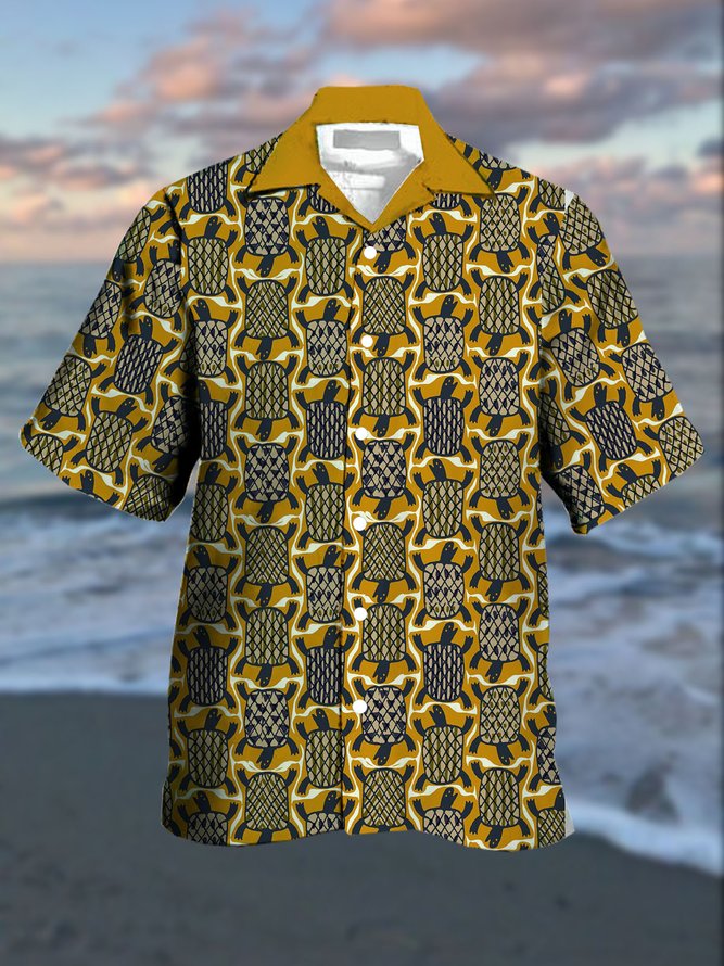 Men's Ocean Turtle Print Casual Breathable Hawaiian Short Sleeve Shirt