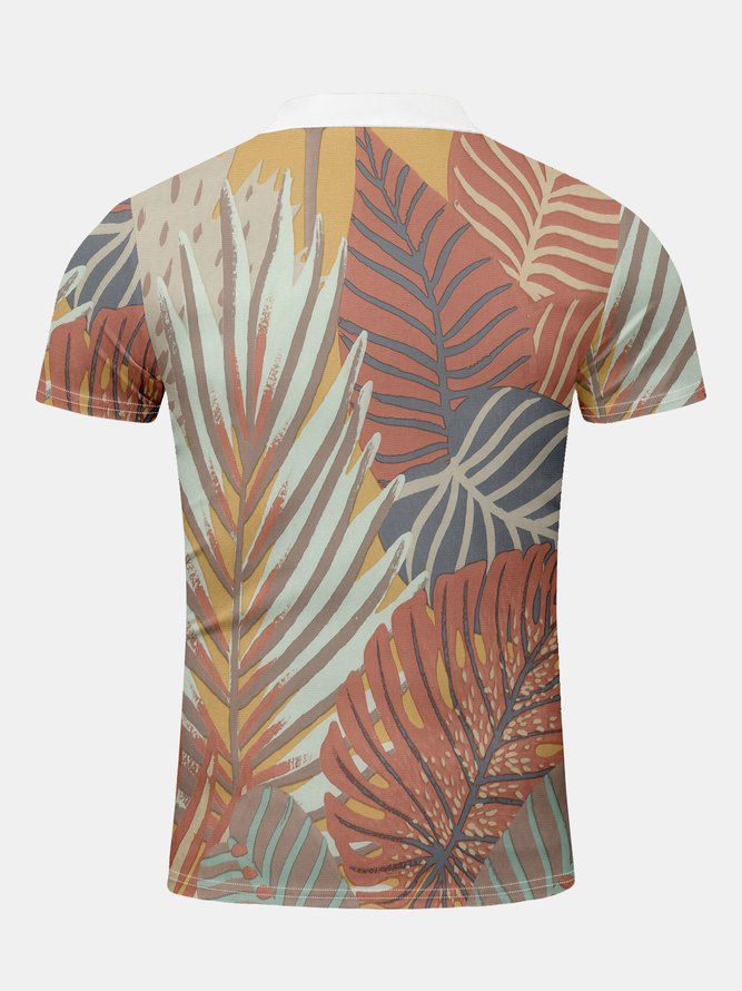 Vacation Style Hawaiian Series Plant Leaf Element Lapel Short-Sleeved Polo Print Top