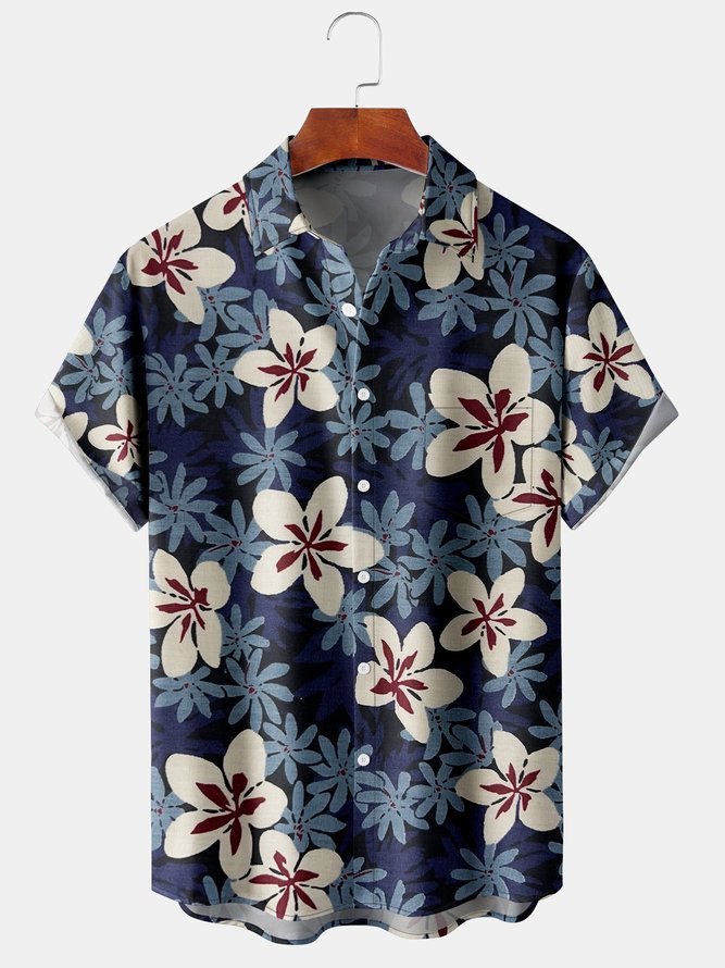 Mens Retro Floral Print Lapel Loose Chest Pocket Short Sleeve Funky Hawaiian Shirts