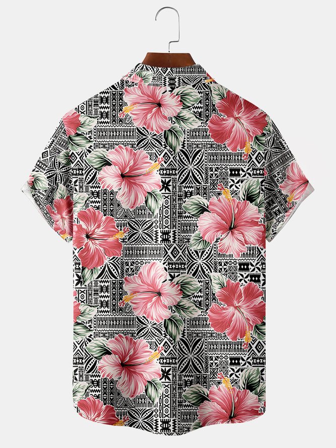 Hibiscus Graphic Men's Casual Short Sleeve Chest Pocket Shirt