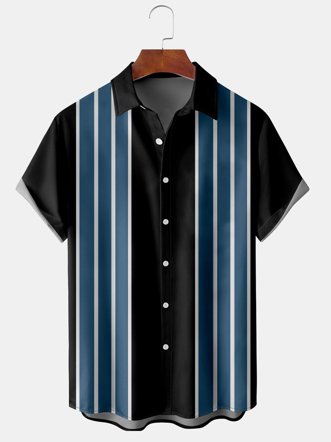 Men's Blue Striped Print Casual Breathable Bowling Short Sleeve Shirt