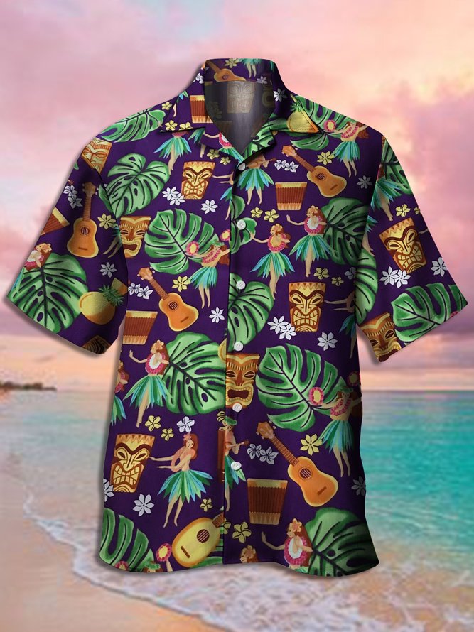Mens Vintage Hawaiian Tiki Music Print Casual Short Sleeve Shirt Aloha Shirts