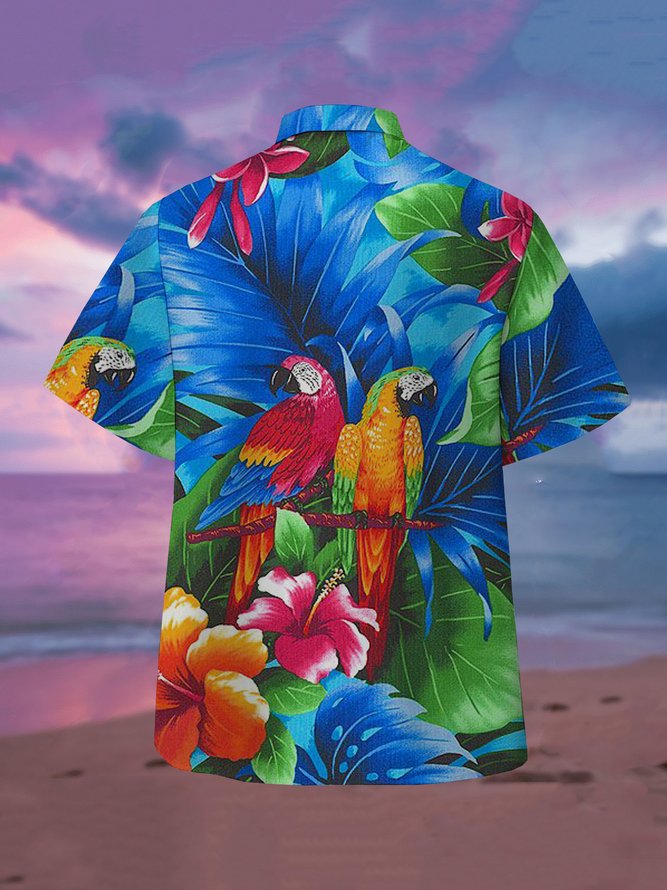 Mens Fancy Hawaiian Floral Parrots Print Casual Short Sleeve Aloha Shirts