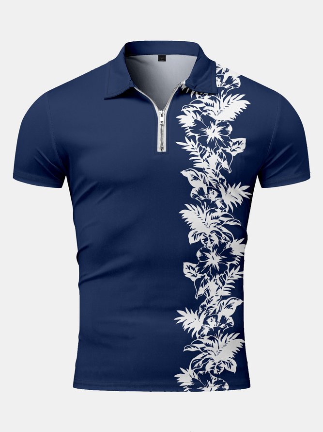 Holiday Style Hawaiian Series Plant Flower Leaf Element Pattern Lapel Short-Sleeved Polo Print Top