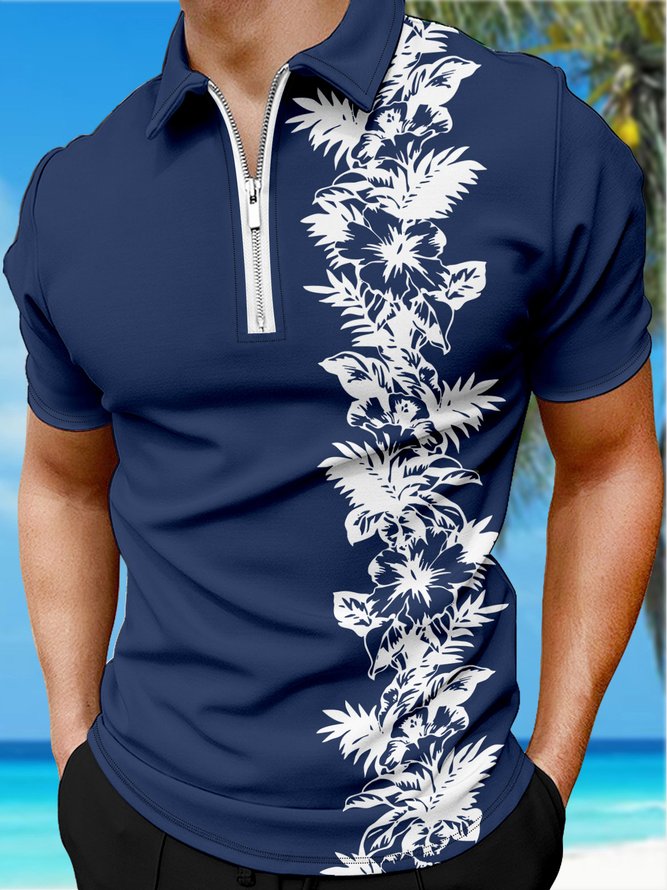 Holiday Style Hawaiian Series Plant Flower Leaf Element Pattern Lapel Short-Sleeved Polo Print Top