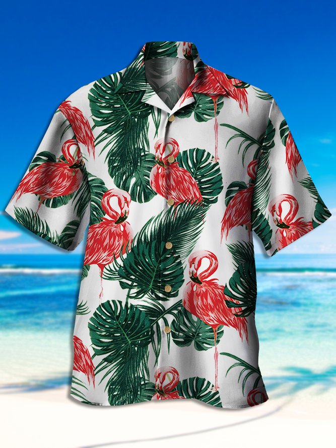 Men's Vintage Palm Leaf Flamingo Print Casual Breathable Hawaiian Short Sleeve Shirt