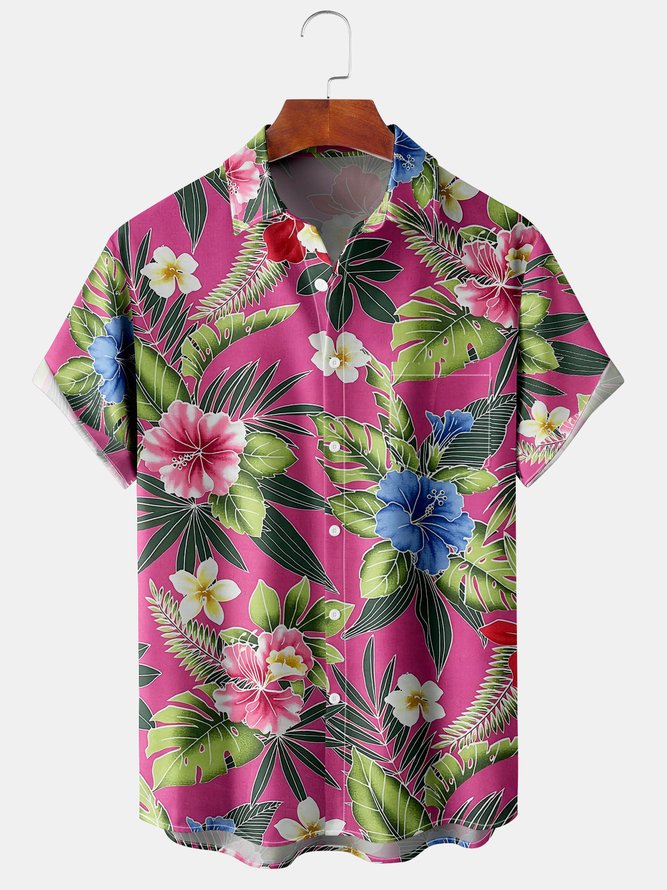Mens Hawaiian Tropical Floral Print Lapel Loose Chest Pocket Short Sleeve Funky Aloha Shirts