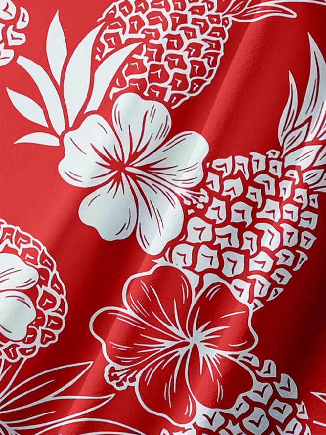 Mens Hawaiian Pineapples Print Lapel Loose Chest Pocket Short Sleeve Funky Aloha Shirts
