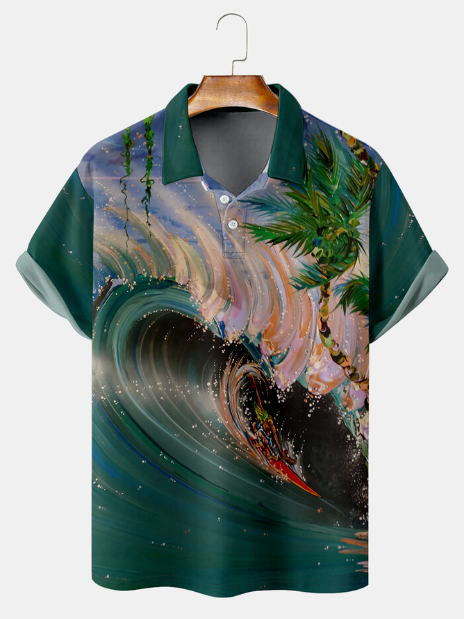 Resort-style Hawaiian Coconut Tree Surf Element Lapel Short Sleeve Polo Print Top