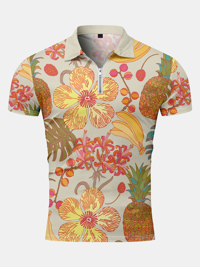 Casual Style Culture Series Japanese Series Flower And Leaf Elements Lapel Short-Sleeved Polo Print Top