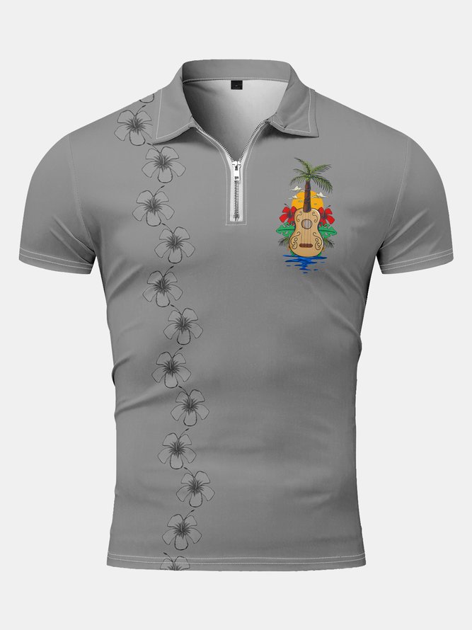Resort Style Hawaiian Series Floral Music Coconut Tree Element Pattern Lapel Short-Sleeved Polo Print Top
