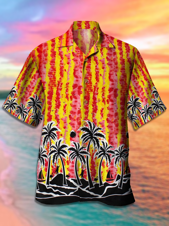 Resort Style Hawaii Series Gradient Striped Plant Coconut Tree Element Pattern Lapel Short-Sleeved Shirt Print Top